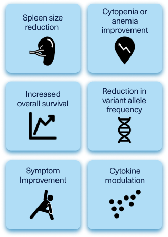 Markers for disease modification: spleen size reduction, anemia and symptom improvement, increased overall survival, and reduction in variant allele frequency